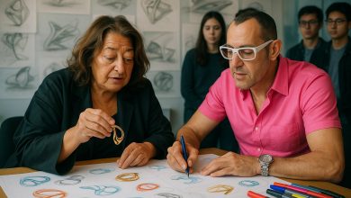 Zaha Hadid and Karim Rashid designing jewelry, two design legends, and students in a design class
