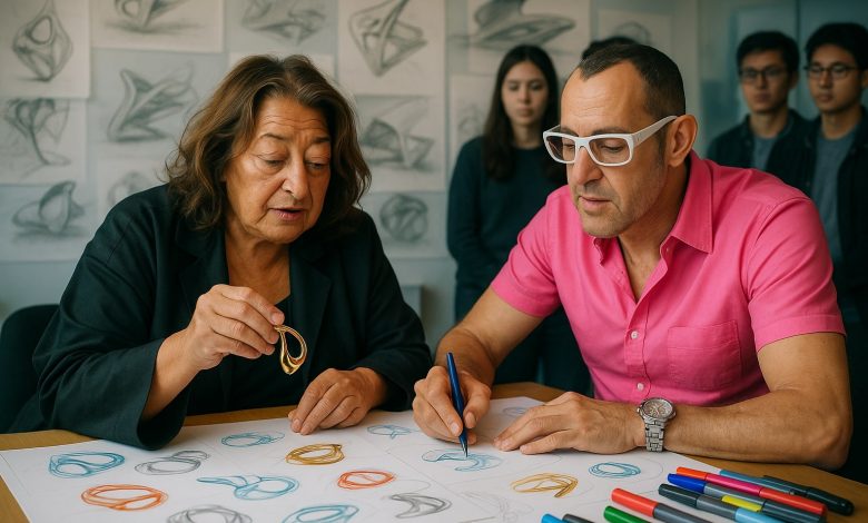 Zaha Hadid and Karim Rashid designing jewelry, two design legends, and students in a design class