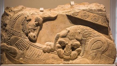 A relief of a lion and a cow from Persepolis, a symbol of fertility and the cycle of the year