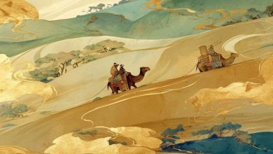 Traveler walking beside a traditional woven carpet along an ancient Silk Road trade route.