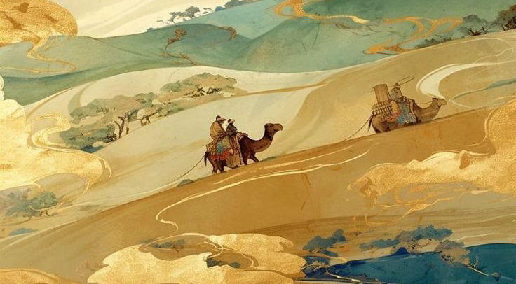 Traveler walking beside a traditional woven carpet along an ancient Silk Road trade route.